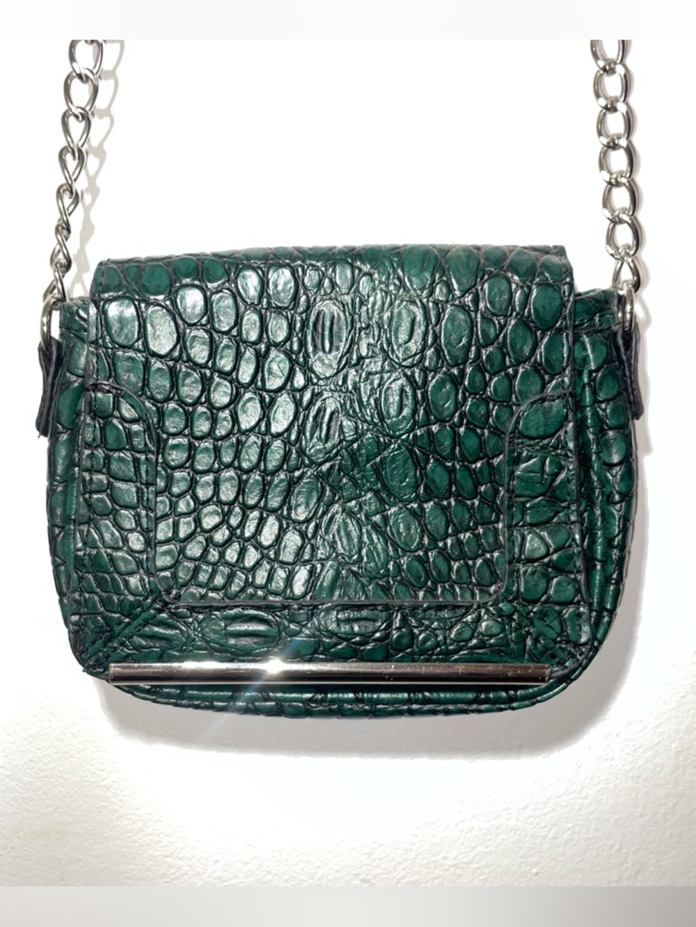 Green Croc-Embossed Leather Crossbody Bag
